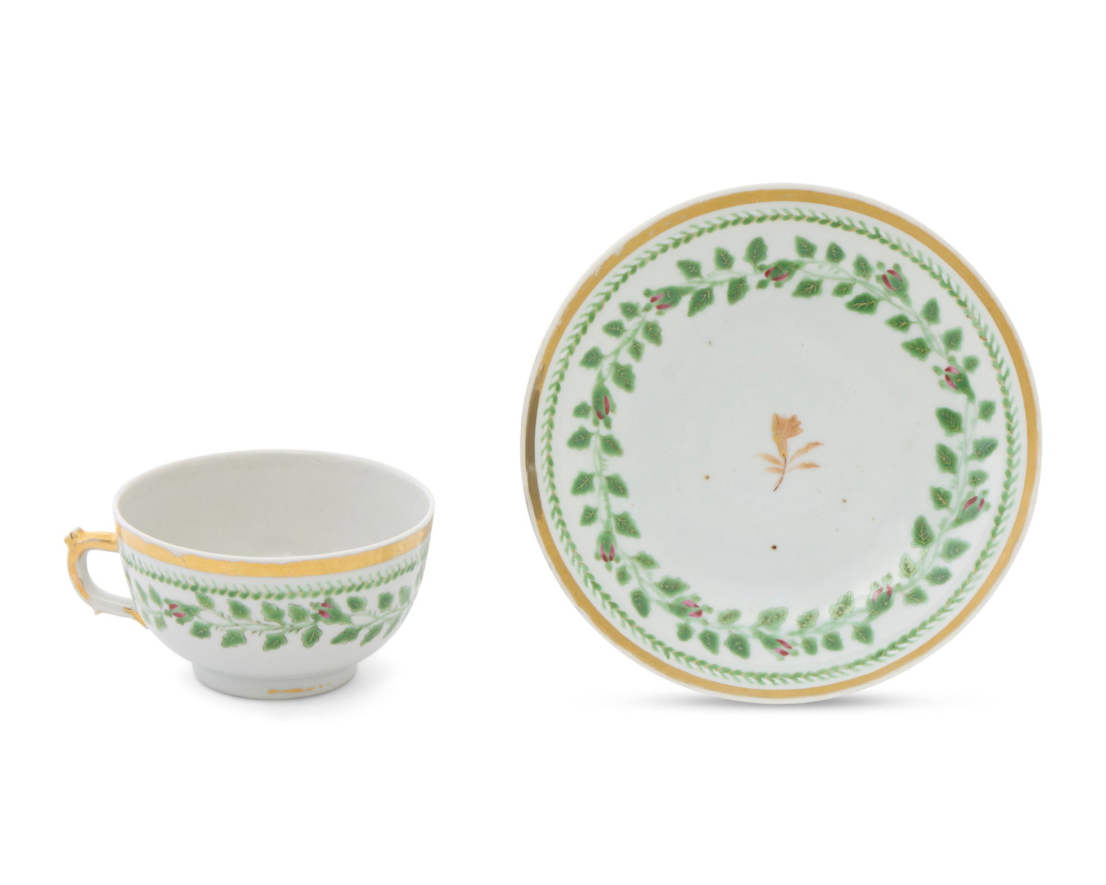 Chinese Export American Market Floral Cup and Saucer, likely ordered by the Jewish Merchant Benjamin: Chinese Export American Market Floral Cup and Saucer, likely ordered by the Jewish Merchant Benjamin Etting, Philadelphia, Pennsylvania ca. 1825-1835; decorated with gilt rim and polychrome budding ro