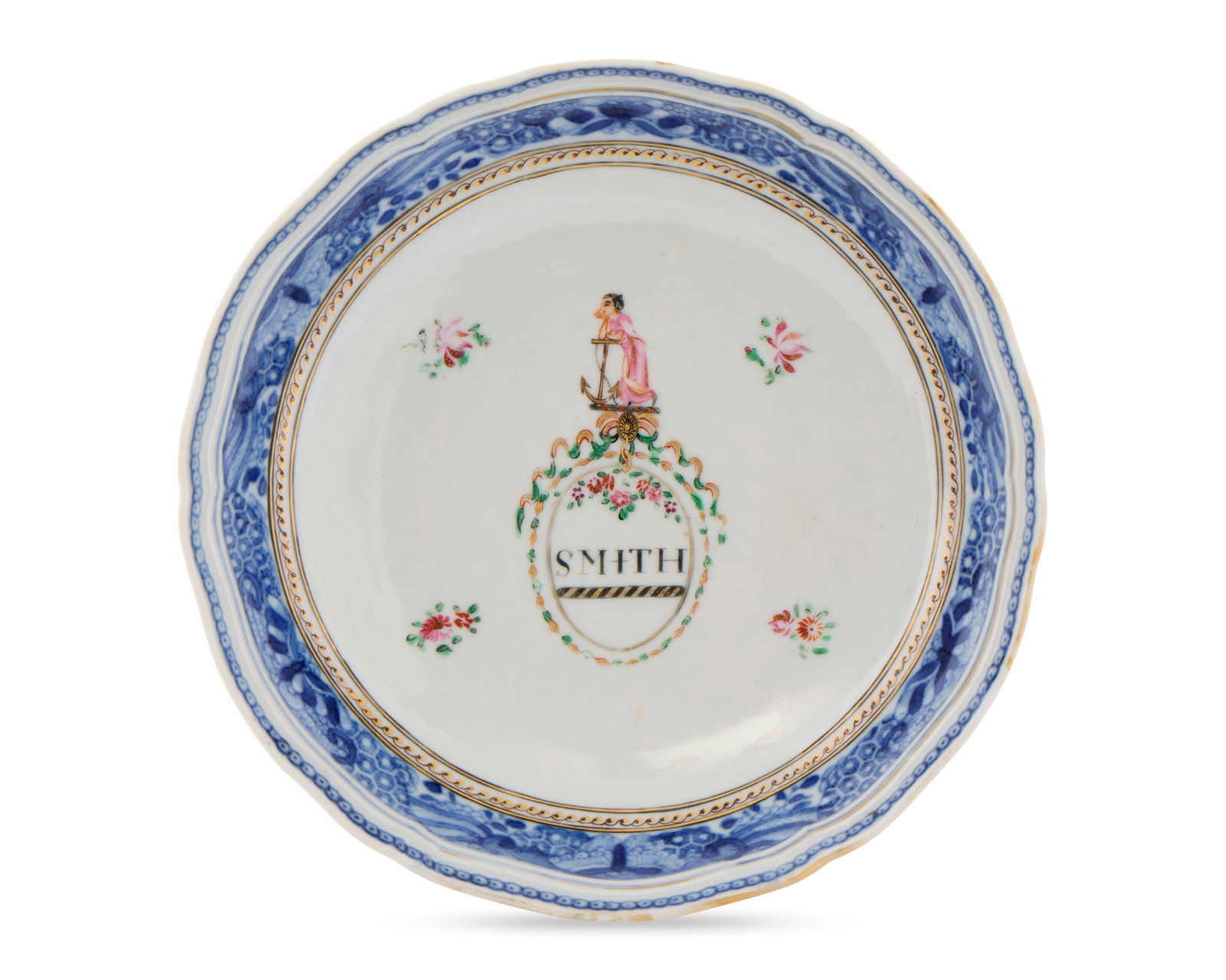 Chinese Export American Market Saucer belonging to Henry Smith, Providence, Rhode Island: Chinese Export American Market Saucer belonging to Henry Smith, Providence, Rhode Island ca. 1785-90; featuring a scalloped edge; depicting Hope, a naval heroine, resting upon an anchor; the emblem as