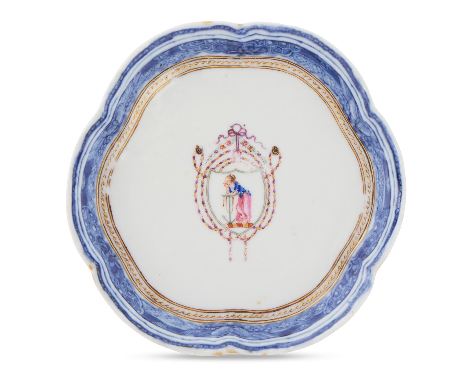 Chinese Export American Market Teapot Stand, for the Rhode Island Region: Chinese Export American Market Teapot Stand, for the Rhode Island Region ca. 1785-1790; featuring a scalloped edge; depicting in polychrome the allegorical figure of Hope resting on her anchor; decora