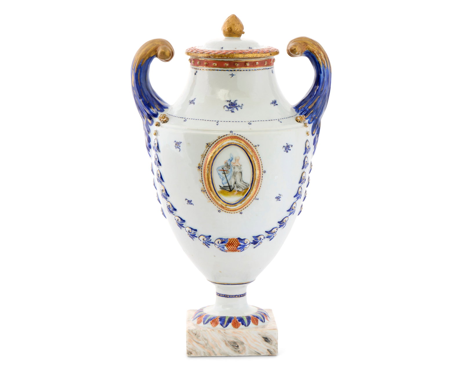 Important Chinese Export American Market Pistol-Handled Urn for a Rhode Island Family: Important Chinese Export American Market Pistol-Handled Urn for a Rhode Island Family ca. 1785-1790; depicting in a central roundel the polychrome, allegorical figure of Hope, a shrouded urn, and an a