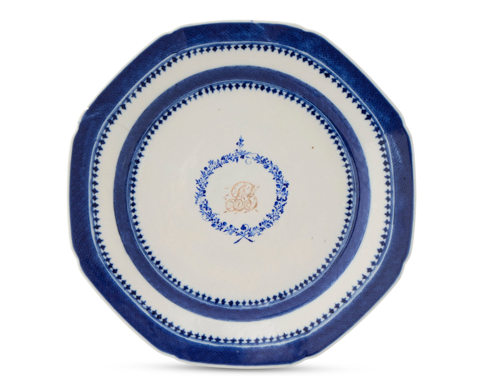 Chinese Export American Market Monogrammed Plate belonging to John Brown, Providence, Rhode Island: Chinese Export American Market Monogrammed Plate belonging to John Brown, Providence, Rhode Island ca. 1789; bearing the monogram JB in a laurel wreath; decorated with a cobalt blue trellis and spearh
