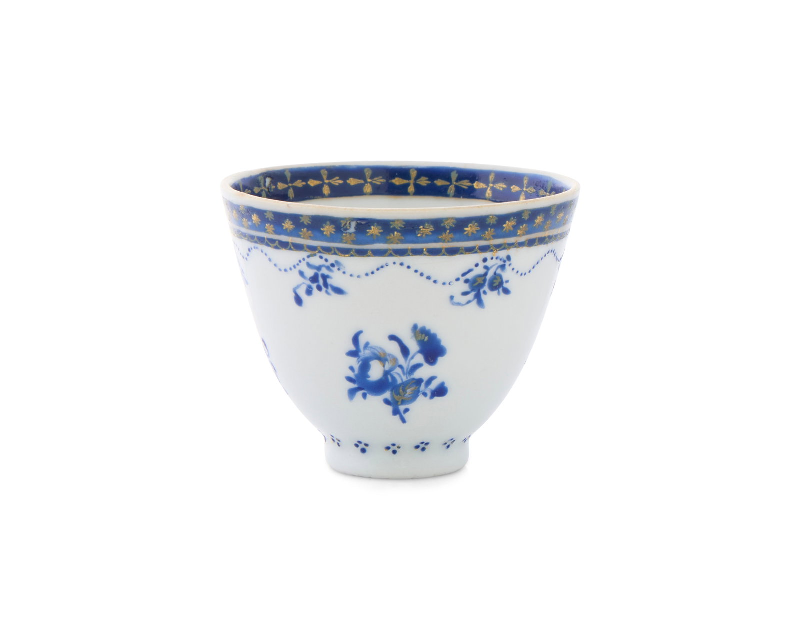 Chinese Export American Market Miniature Tea Cup: Chinese Export American Market Miniature Tea Cup ca. 1790; depicting scrolling geometric and floral motifs and sprays and decorated with cobalt blue and gilt star border; height: 1 3/4 in. Provenance: