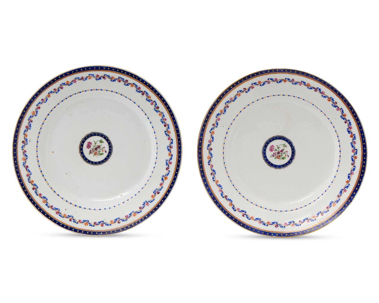 Pair of Chinese Export American Market Plates, belonging to John Brown, Providence, Rhode Island: Pair of Chinese Export American Market Plates, belonging to John Brown, Providence, Rhode Island ca. 1790; depicting in the central roundel a floral sprig and decorated with concentric borders of coba