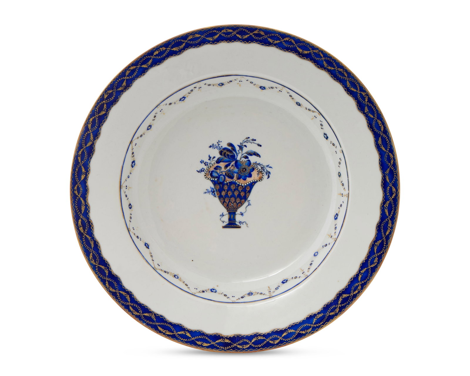 Very Finely Painted Chinese Export American Market Plate belonging to John Brown, Providence, Rhode: Very Finely Painted Chinese Export American Market Plate belonging to John Brown, Providence, Rhode Island ca. 1790; centrally depicting a vase and decorated with a cobalt blue and gilt intertwined vi