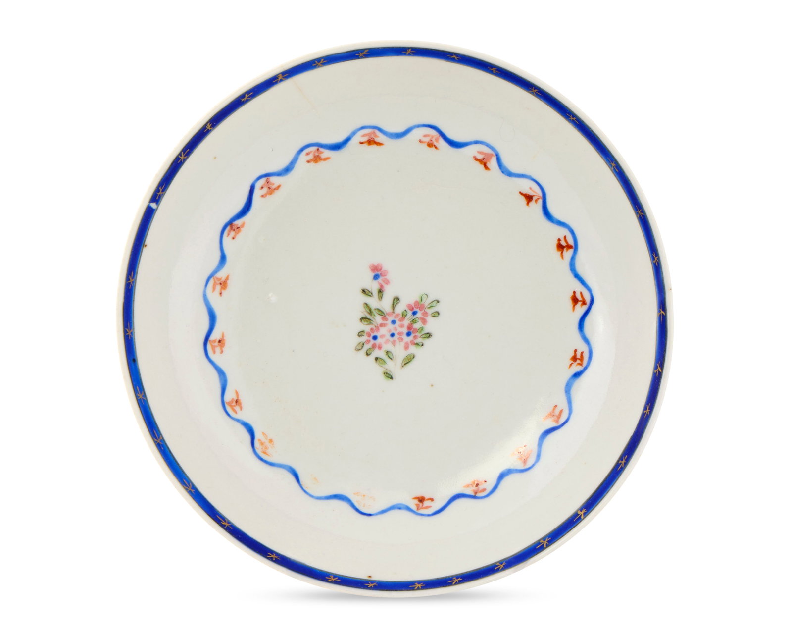 Chinese Export American Market Saucer: Chinese Export American Market Saucer ca. 1790; depicting a central polychrome floral spray and decorated with cobalt blue and gilt star banded rim with a geometric interior border; diameter: 5 1/2 in