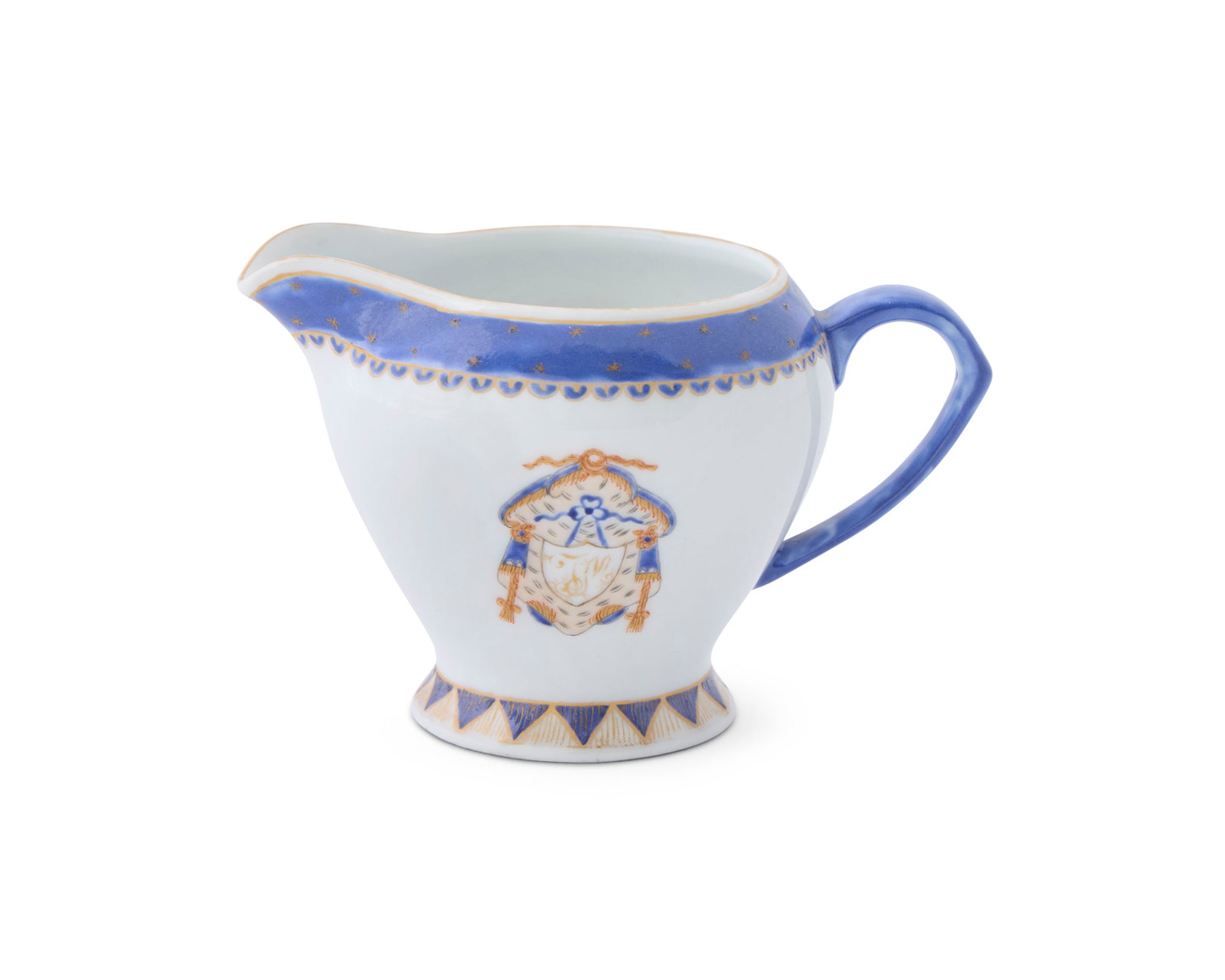 Unrecorded Chinese Export American Market Gravy Boat, likely for the South Carolina Market: Unrecorded Chinese Export American Market Gravy Boat, likely for the South Carolina Market ca. 1800; bearing a central draped shield inscribed with the monogram JM; decorated with cobalt blue undergla
