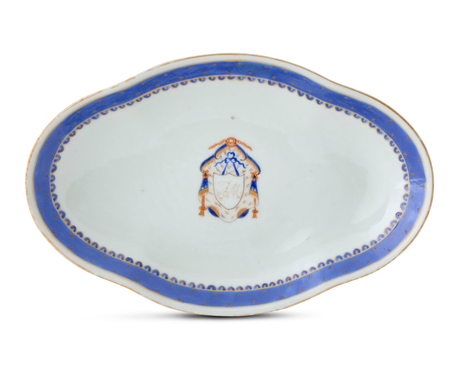 Chinese Export American Market Platter, likely for the South Carolina Market: Chinese Export American Market Platter, likely for the South Carolina Market ca. 1800; bearing a central draped shield inscribed with the monogram JM; decorated with cobalt blue underglazed rim with g