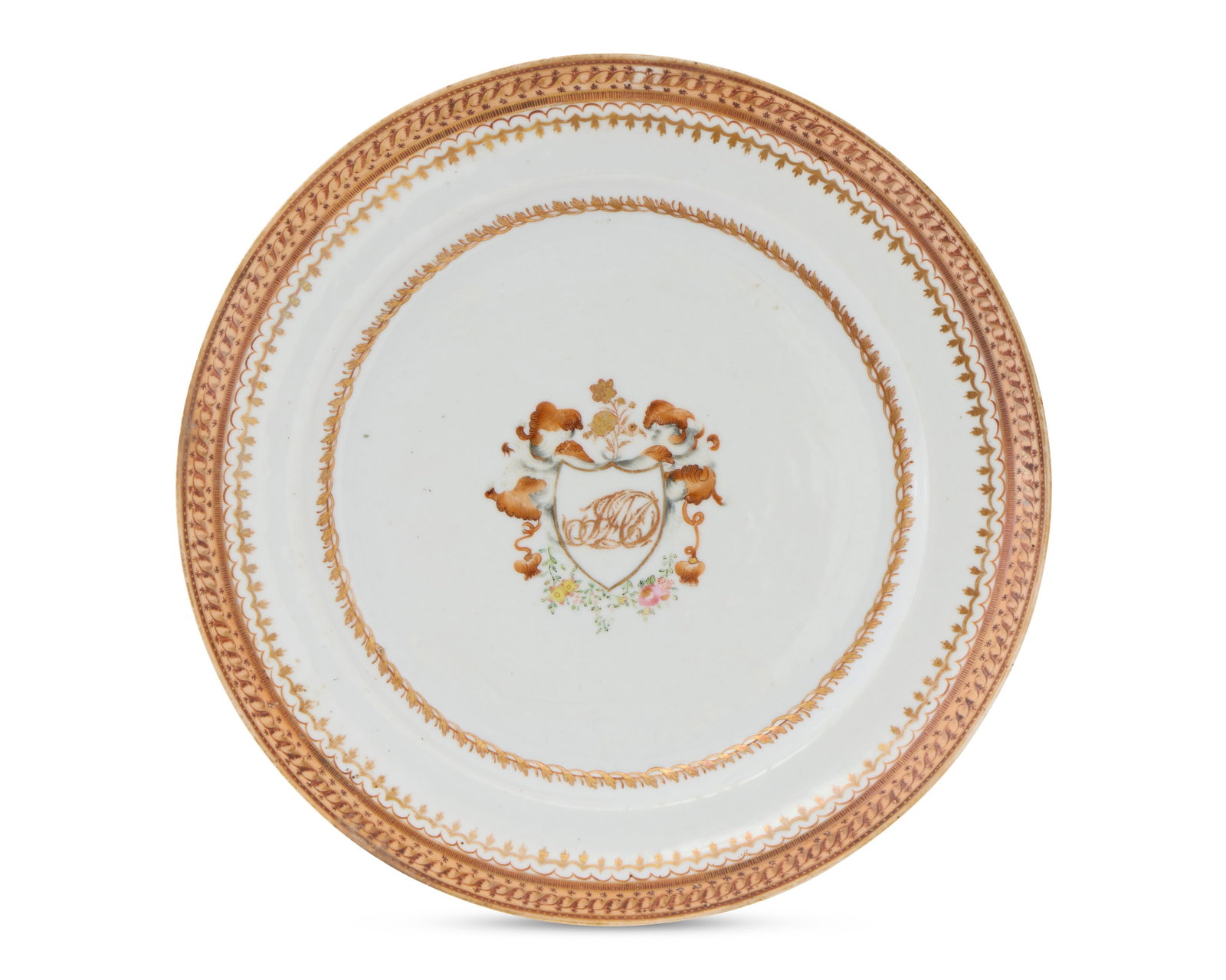 Chinese Export American Market Armorial Plate, from the service of John and Ann Donnell, Baltimore,: Chinese Export American Market Armorial Plate, from the service of John and Ann Donnell, Baltimore, Maryland ca. 1810; bearing a vine and floral festooned shield inscribed JAD; decorated with sepia an