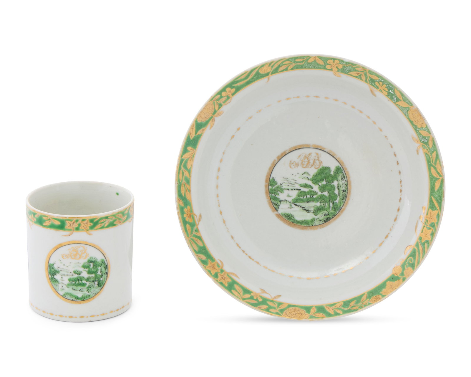 Very Rare Unrecorded Chinese Export American Market Coffee Can and Saucer with Monogram, likely (1 of 1)