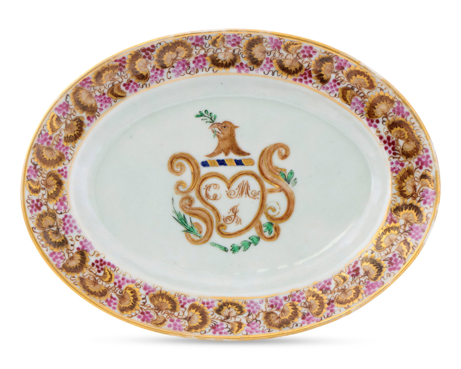Chinese Export American Market Armorial Tureen Stand from the service of Catesby and Mary Jones,: Chinese Export American Market Armorial Tureen Stand from the service of Catesby and Mary Jones, Virginia ca. 1823; bearing a hawk holding an olive branch crest monogrammed CMJ; decorated with gilt an