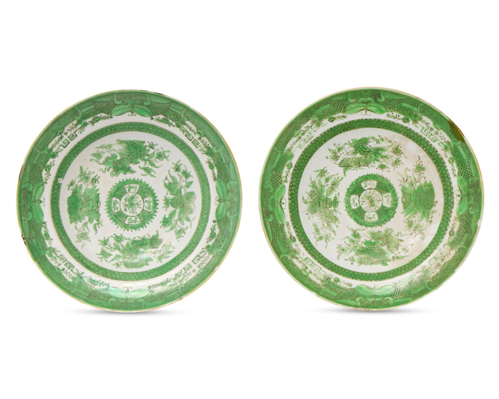 Pair of Chinese Export American Market Lime-Green Fitzhugh Soup Plates, likely for the South: Pair of Chinese Export American Market Lime-Green Fitzhugh Soup Plates, likely for the South Carolina Market ca. 1825; depicting in green enamel central floral sprays and a floral roundel and decorate