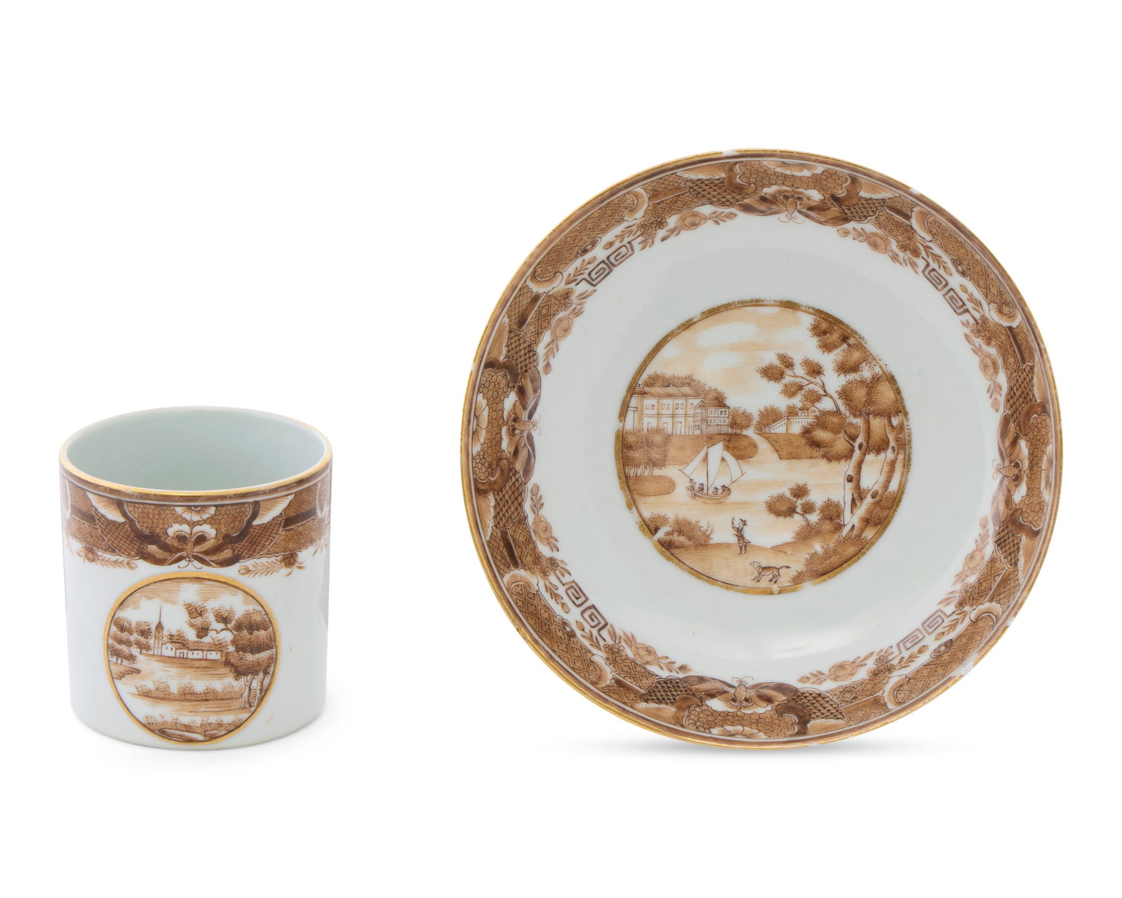 An Extremely Rare Chinese Export American Market Brown Fitzhugh ‘Landscape’ Coffee Cup and: An Extremely Rare Chinese Export American Market Brown Fitzhugh ‘Landscape’ Coffee Cup and Saucer ca. 1825; depicting in sepia a central roundel with a landscape of a country house abutting a rive