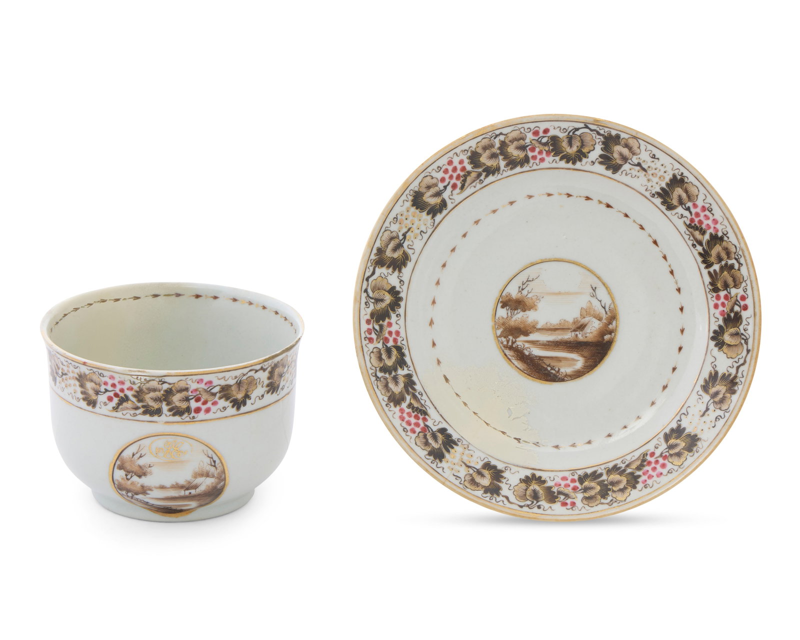 Chinese Export American Market Landscape Subject Cup and Saucer with monogram, likely for the: Chinese Export American Market Landscape Subject Cup and Saucer with monogram, likely for the Kentucky Market ca. 1820; depicting a sepia landscape; bearing the gilt monogram SE; decorated with sepia 
