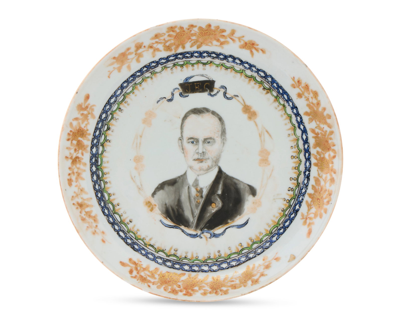 Chinese Export American Market John Edward Chilberg Portrait Plate: Chinese Export American Market John Edward Chilberg Portrait Plate ca. 1909; depicting a polychrome portrait of John Edward Chilberg, President of the Alaska-Yukon-Pacific-Exposition; bearing scrollin
