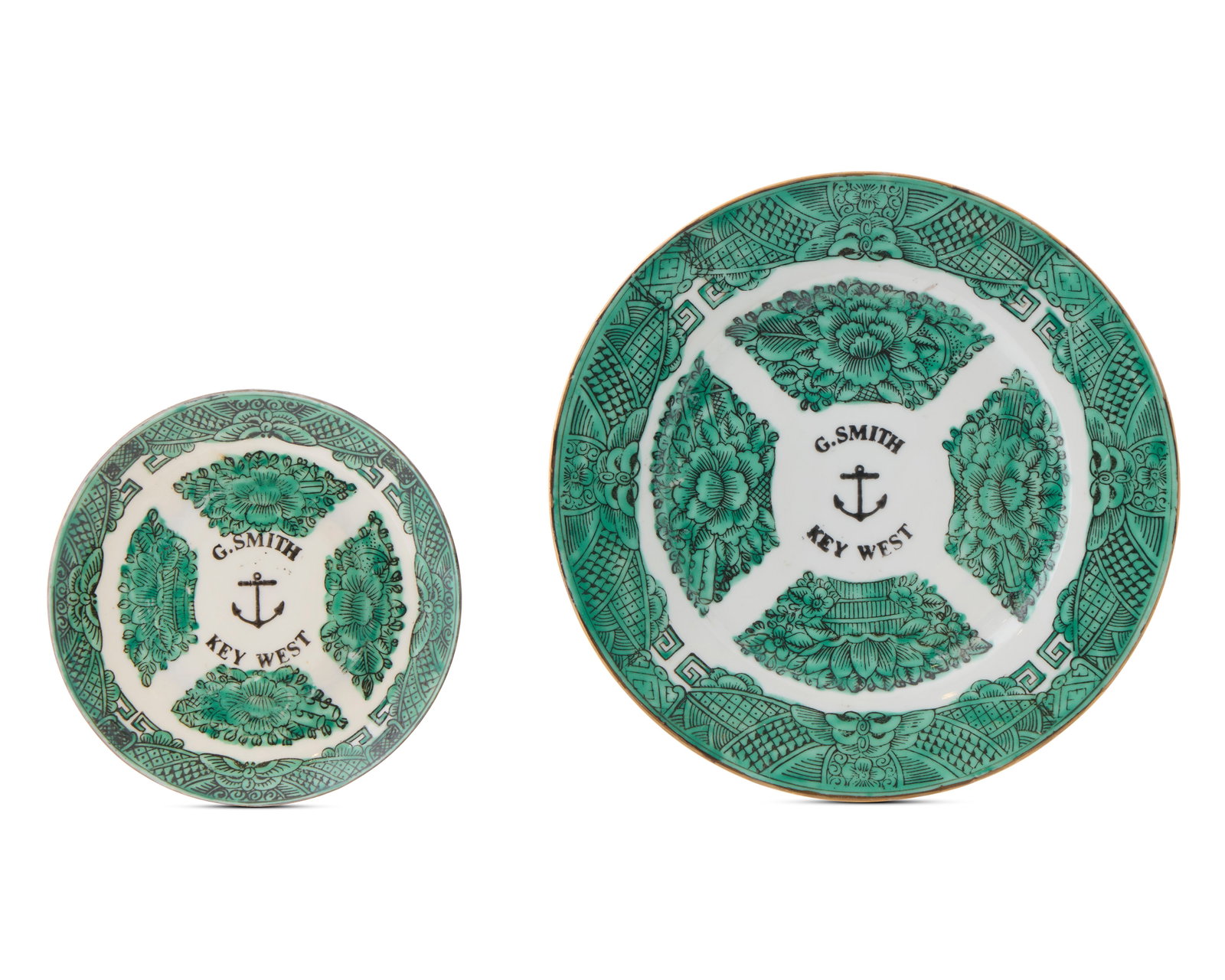 An Unrecorded Chinese Export American Market Plate and Saucer for the Florida Market: An Unrecorded Chinese Export American Market Plate and Saucer for the Florida Market ca. 1900; decorated anachronistically in a underglaze green Fitzhugh pattern, with a central unenamelled area betwe