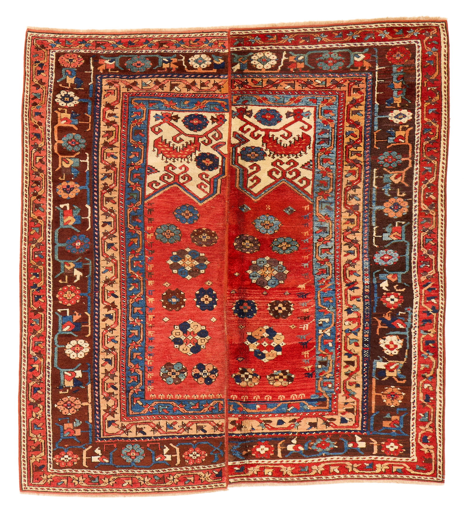 Bergamo Two Part Rug, Anatolia, ca. 1875: Bergamo Two Part Rug, Anatolia, ca. 1875 5 ft. 6 in. x 5 ft. 4 in. Provenance: Scripps Family; The Collection of Val Arbab, La Jolla, CA. Literature: For a similar example, see: Ralph Yohe, et al.,