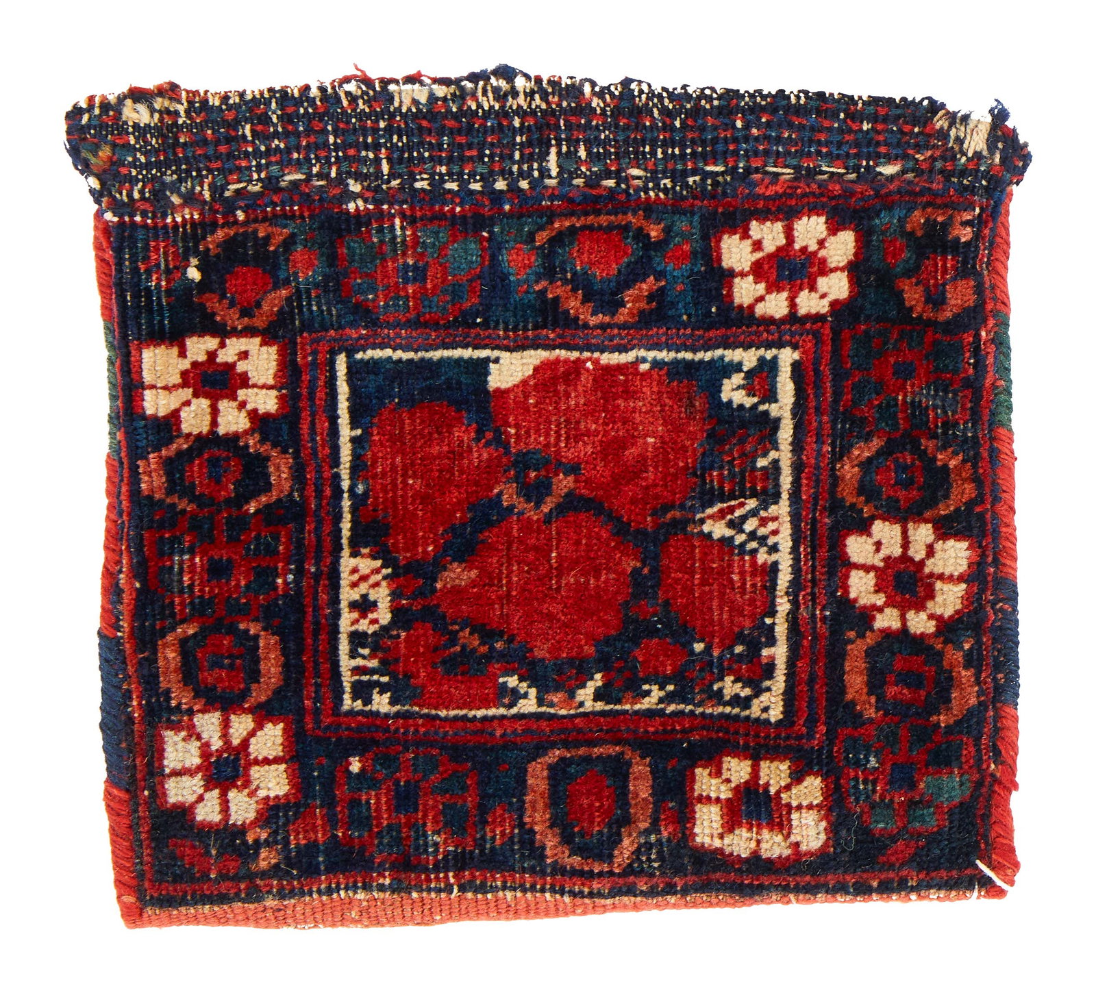 Afshar Bag, Persia, ca. 1900: Afshar Bag, Persia, ca. 1900 11 in. x 10 in. Provenance: The Collection of Val Arbab, La Jolla, CA. Other notes: This Khorasan-Afshar rug uses a unique knotting pattern where the knot is tied over two