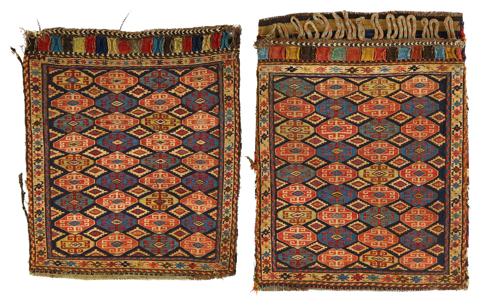 Pair of Fine Soumac Bags, Caucasus, ca. 1875: Pair of Fine Soumac Bags, Caucasus, ca. 1875 1 ft. x 10 in.; 2 ft. x 2 ft. Provenance: The Keshishian Legacy Collection, Los Angeles, CA.