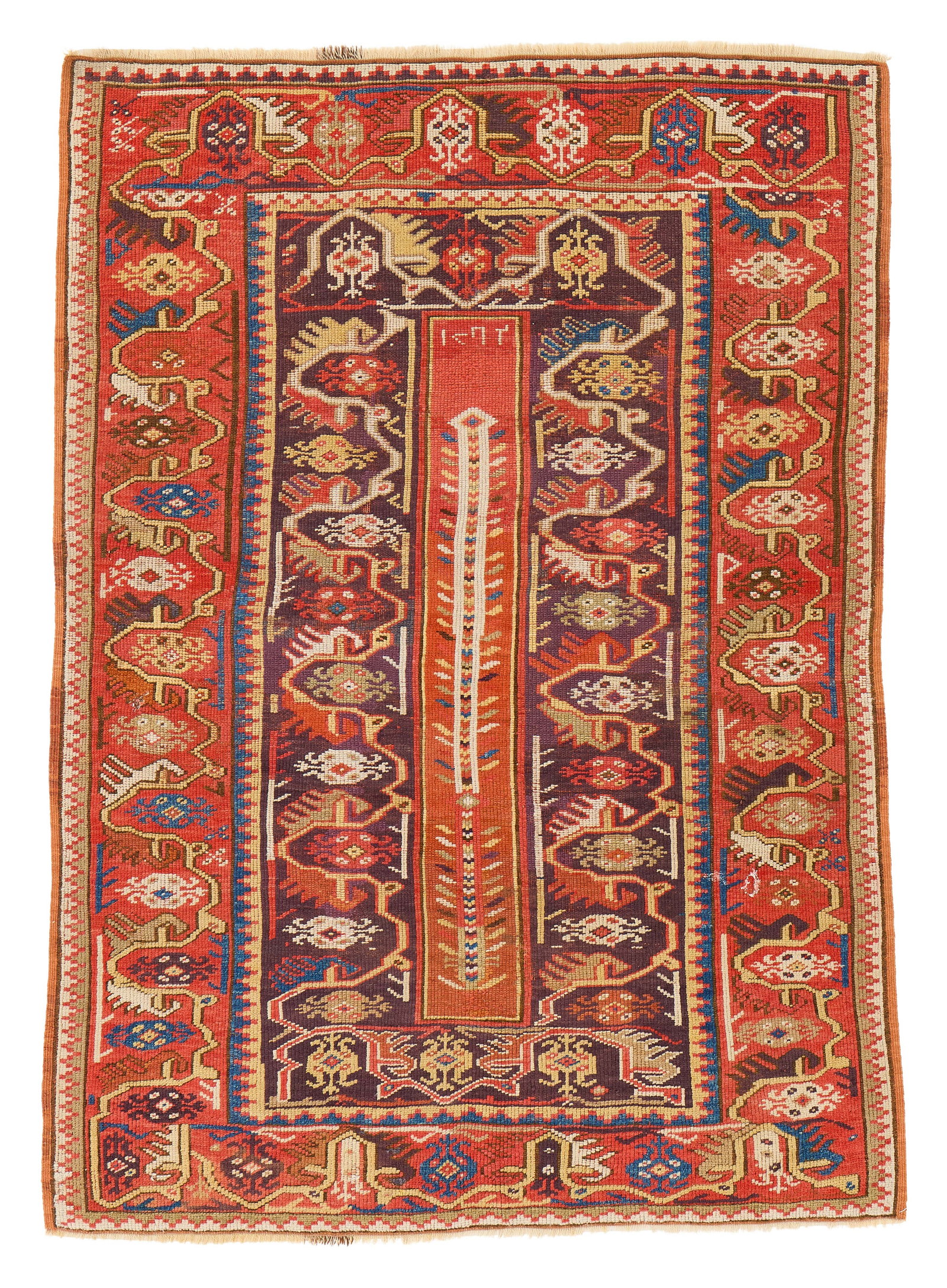 Melas Rug, Anatolia, dated 1262 (1846 CE): Melas Rug, Anatolia, dated 1262 (1846 CE) 4 ft. 8 in. x 3 ft. 4 in. Provenance: The Keshishian Legacy Collection, Los Angeles, CA.