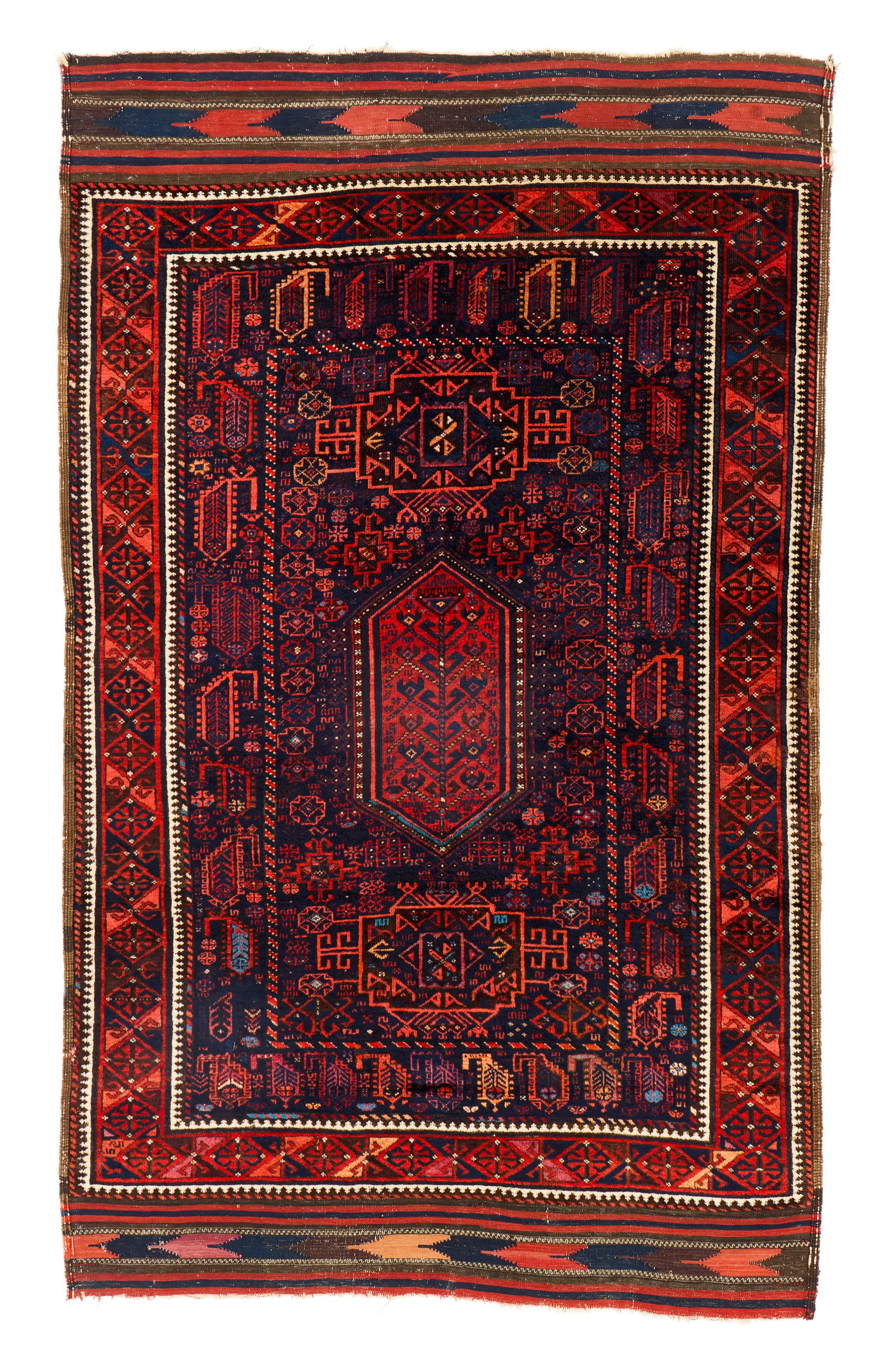 Belouch Rug, Afghanistan, ca. 1875: Belouch Rug, Afghanistan, ca. 1875 7 ft. 4 in. x 4 ft. 4 in. Provenance: The Collection of Dr. Donald Breyer, Highland Park, IL. Other notes: Characterized by deep blue, blackish-brown, and red