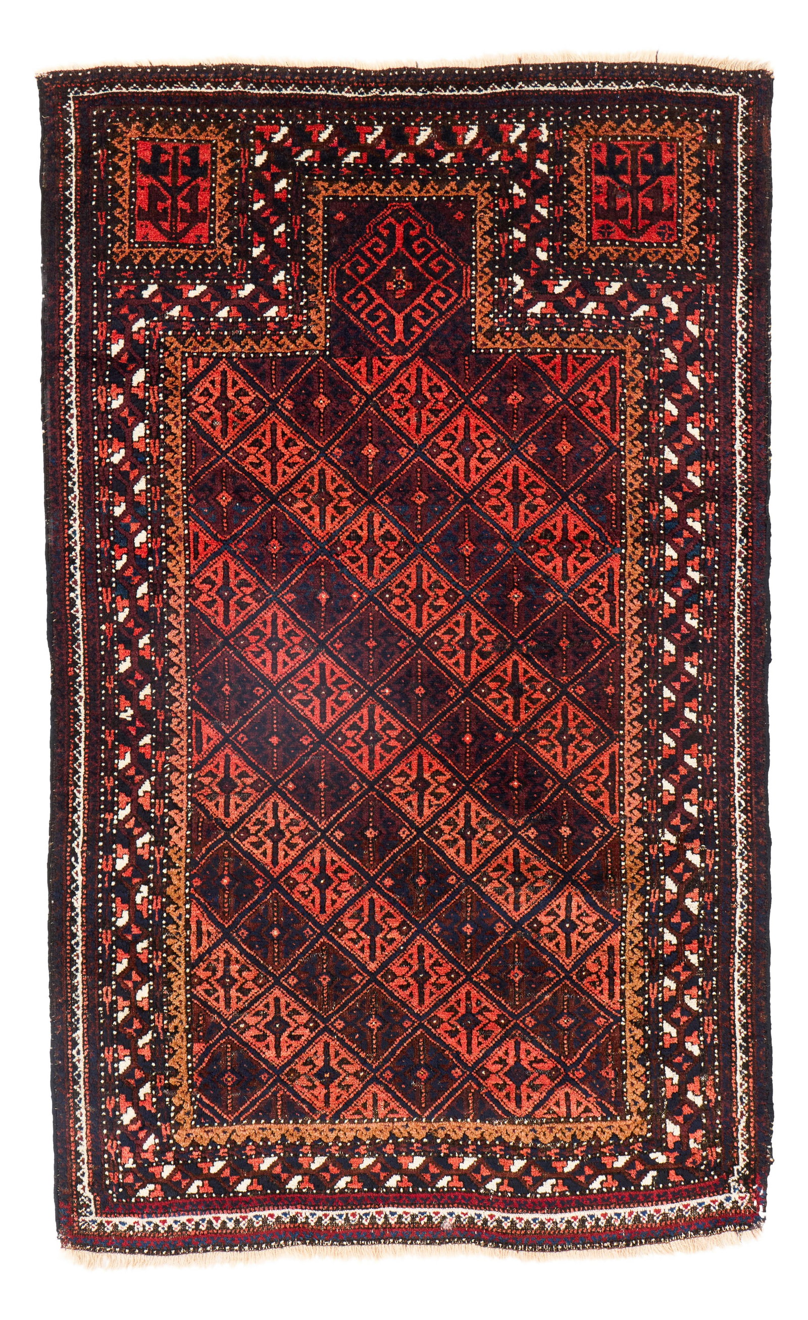Belouch Prayer Rug, Afghanistan, ca. 1900: Belouch Prayer Rug, Afghanistan, ca. 1900 4 ft. 4 in. x 2 ft. 8 in. Provenance: The Collection of Dr. Donald Breyer, Highland Park, IL. Other notes: Characterized by deep blue, blackish-brown, and red
