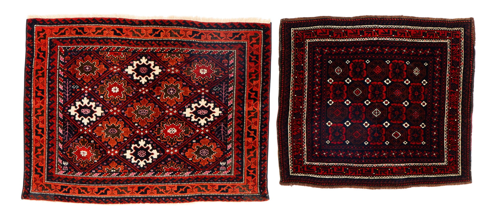 Two Belouch Bag Fronts, Afghanistan, ca. 1875: Two Belouch Bag Fronts, Afghanistan, ca. 1875 2 ft. 3 in. x 2 ft. 11 in.; 2 ft. 4 in. x 2 ft. Provenance: The Collection of Dr. Donald Breyer, Highland Park, IL.