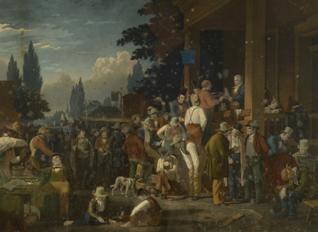 AFTER GEORGE CALEB BINGHAM, (American, 1811-1879), THE: AFTER GEORGE CALEB BINGHAM (American, 1811-1879) THE COUNTY ELECTION 1854; mezzotint with engraving by John Sartain; sight: 22 x 29 1/2 inches, framed: 22 3/4 x 35 1/4 inches Provenance: Newman Galler