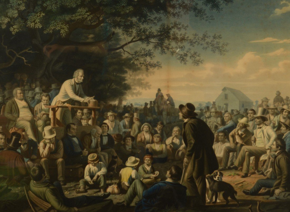 AFTER GEORGE CALEB BINGHAM, (American, 1811-1879),: AFTER GEORGE CALEB BINGHAM (American, 1811-1879) STUMP SPEAKING circa 1856; mezzotint with engraving by Louis-Adolph Gautier; sight: 22 x 30 inches, framed: 27 3/4 x 35 1/4 inches Provenance: Newman G