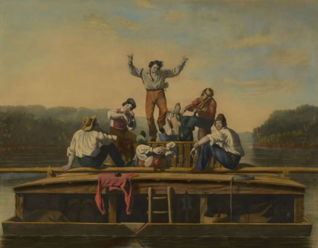 AFTER GEORGE CALEB BINGHAM, (American, 1811-1879), THE: AFTER GEORGE CALEB BINGHAM (American, 1811-1879) THE JOLLY FLAT BOAT MEN mezzotint with engraving by Thomas Doney; published by the American Art Union, 1947; image: 18 2/4 x 23 3/4 inches, framed: 31