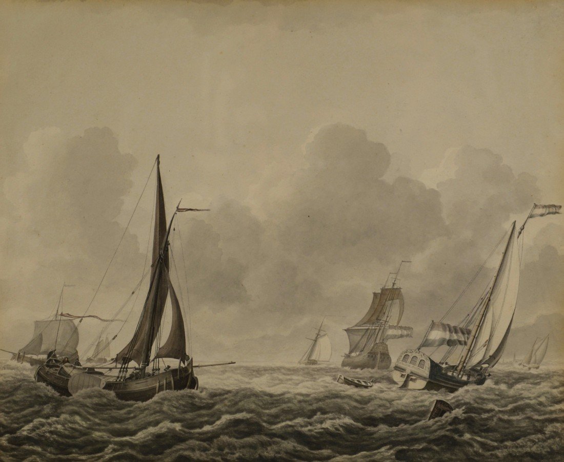 FRENCH SCHOOL, (19th century), FRENCH SAILING SHIPS AT: FRENCH SCHOOL (19th century) FRENCH SAILING SHIPS AT SEA watercolor en grisaille; signed P. Blau 1801, l.r.; sight: 10 1/2 x 12 1/2 inches