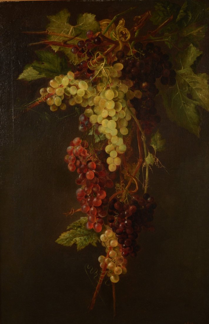 ANDREW JOHN HENRY WAY, (American, 1826-1888), STILL: ANDREW JOHN HENRY WAY (American, 1826-1888) STILL LIFE WITH GRAPES oil on canvas; signed A.J.H. Way, l.r.; 36 x 24 inches, framed: 44 x 32 inches Provenance: Downer Auctions, October 26, 2002; Private