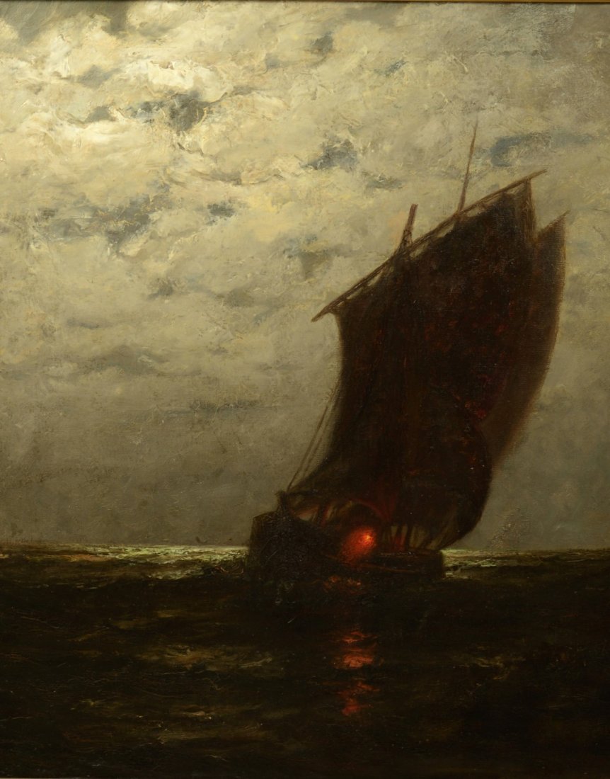 OTIS S. WEBER, (American, 19th/20th century), SHIP IN: OTIS S. WEBER (American, 19th/20th century) SHIP IN TWILIGHT oil on canvas; signed and dated Otis S. Weber, l.r.; 30 x 25 inches, framed: 41 1/2 x 36 1/2 inches