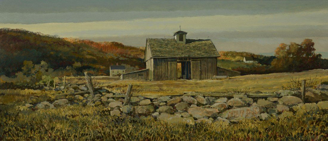 ERIC SLOANE, (American, 1905-1985), BARN IN AUTUMN, oil: ERIC SLOANE (American, 1905-1985) BARN IN AUTUMN oil on board; signed Eric Sloane, l.l.; 17 3/4 x 40 1/4 inches, framed: 22 x 44 1/4 inches