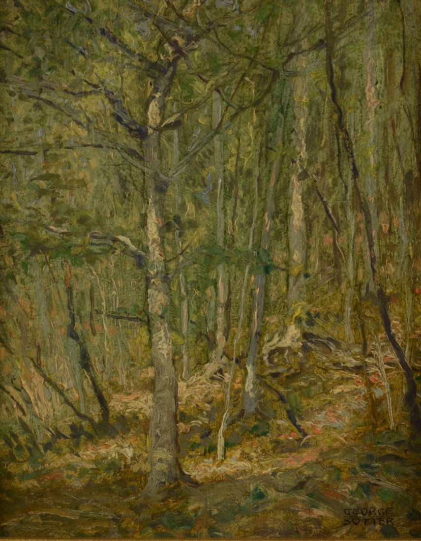 GEORGE WILLIAM SOTTER, (American, 1876-1953), FOREST,: GEORGE WILLIAM SOTTER (American, 1876-1953) FOREST oil on board; signed GEORGE / SOTTER, l.r.; sight: 8 3/4 x 7 inches, framed: 15 x 13 1/4 inches