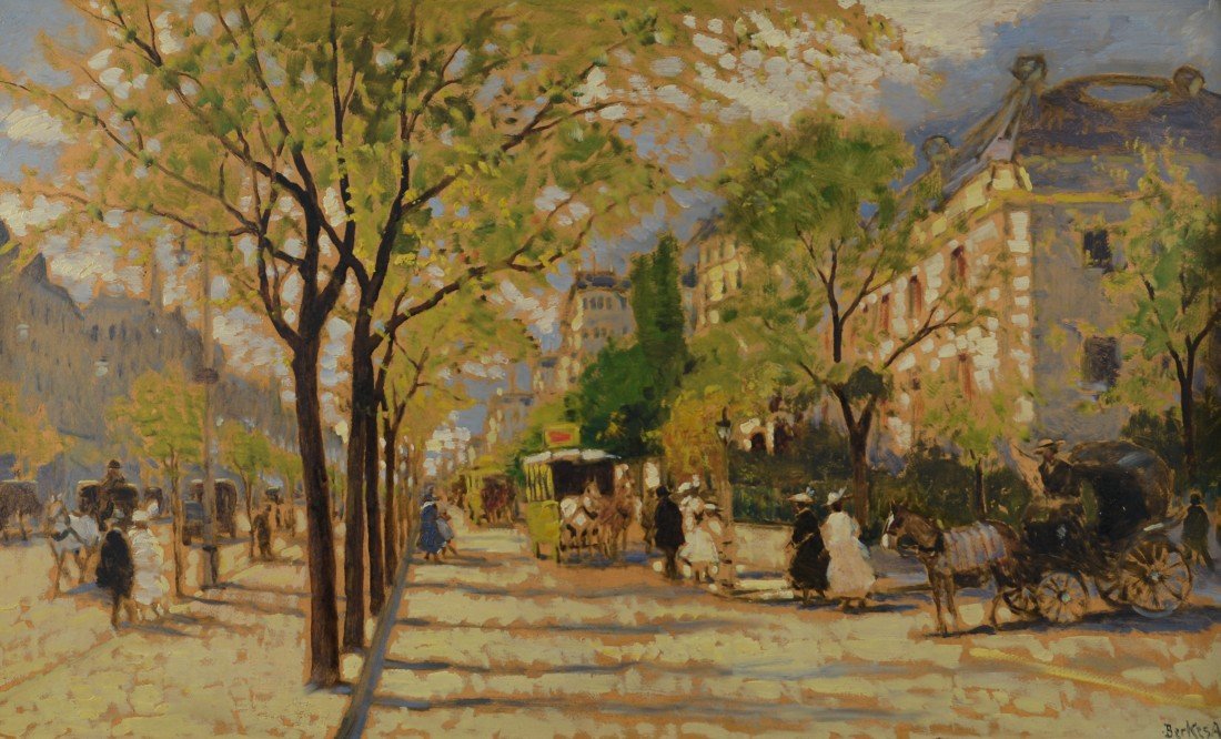 ANTAL BERKES, (Hungarian, 1874-1938), CITY STREET, oil: ANTAL BERKES (Hungarian, 1874-1938) CITY STREET oil on board; signed Berkes A., l.r.; 24 x 38 inches, framed: 30 x 45 inches