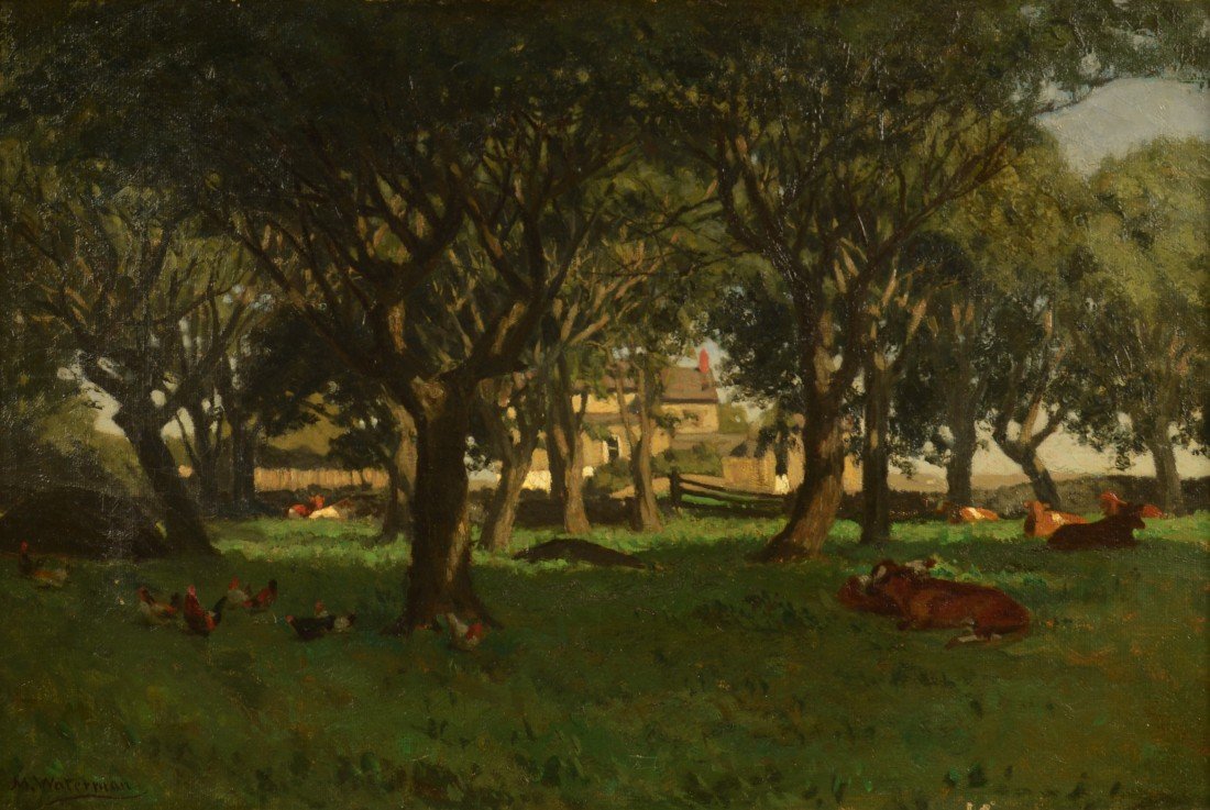 MARCUS WATERMAN, (American, 1834-1914), SHADY FARMYARD,: MARCUS WATERMAN (American, 1834-1914) SHADY FARMYARD oil on canvas; signed M. Waterman, l.l.; 16 x 24 inches, framed: 27 x 35 inches