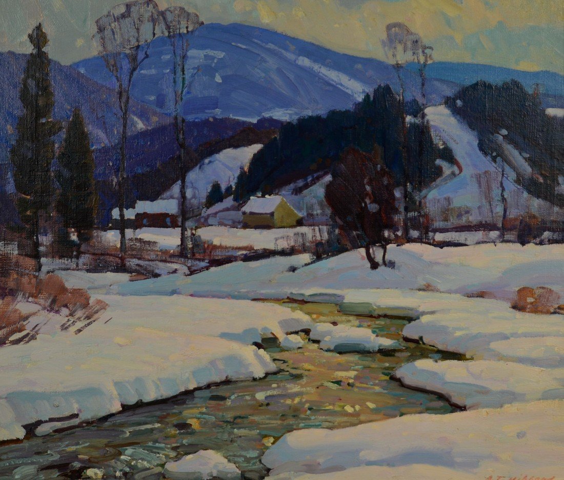 ALDRO THOMPSON HIBBARD, (American, 1886-1972), VERMONT: ALDRO THOMPSON HIBBARD (American, 1886-1972) VERMONT SNOW SCENE c. 1930; oil on board; signed A.T. Hibbard, l.r.; bears Vose Galleries, Boston label, verso; 17 x 20 inches, frames: 20 1/4 x 23 1/2 inc