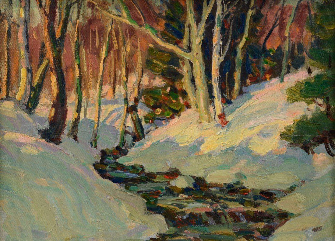THOMAS R. CURTIN, (American, 1899-1977), SUNSET STREAM,: THOMAS R. CURTIN (American, 1899-1977) SUNSET STREAM oil on board; bears Clarke Galleries, Inc., Stowe, Vermont label, verso; 9 x 12 inches; framed: 13 x 16 inches