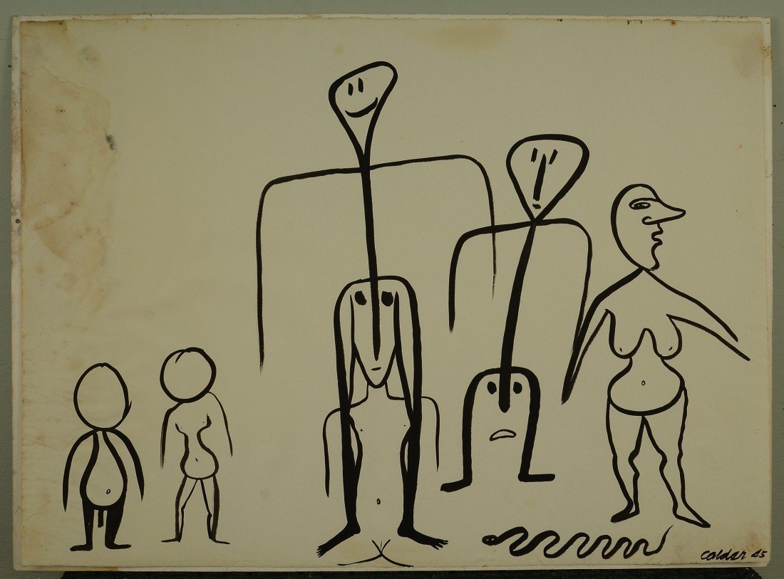 ALEXANDER CALDER, (American, 1898-1976), FIVE FIGURES,: ALEXANDER CALDER (American, 1898-1976) FIVE FIGURES black gouache on paper; signed and dated Calder '45, l.r.; 22 3/4 x 30 3/4 inches Provenance: Collection of Mr. & Mrs. William Chess, Connecticut, b