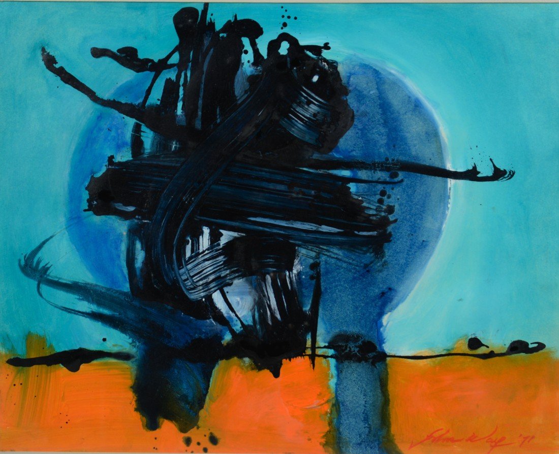 JOHN WAY, (Chinese/American 1921-2012), CALLIGRAPHIC: JOHN WAY (Chinese/American 1921-2012) CALLIGRAPHIC INSPIRATION IN A BLUE CIRCLE oil on paper; signed and dated John Way '71, l.r.; 23 x 18 inches
