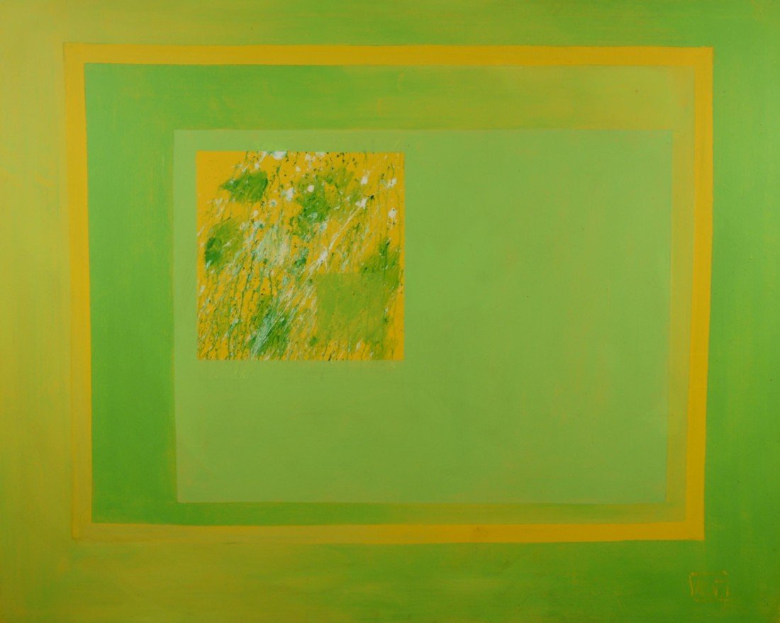 ITALO VALENTI, (Italian, 1912-1995), GREEN AND YELLOW: ITALO VALENTI (Italian, 1912-1995) GREEN AND YELLOW COMPOSITION oil on canvas; signed Valenti, l.r.; 48 x 60 inches, framed: 48 3/4 x 60 3/4 inches Provenance: Cornell Gallery, Springfield, Massachuse