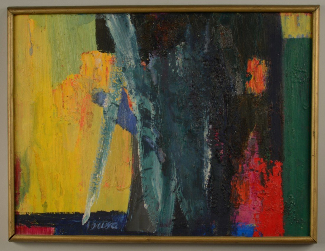 PETER BUSA, (American, 1914-1985), UNTITLED, c. 1955;: PETER BUSA (American, 1914-1985) UNTITLED c. 1955; oil on panel; signed Busa, l.l.; 18 x 24 inches, framed: 19 1/2 x 25 inces Provenance: Formerly on loan to the Rose Art Museum, Brandeis University,