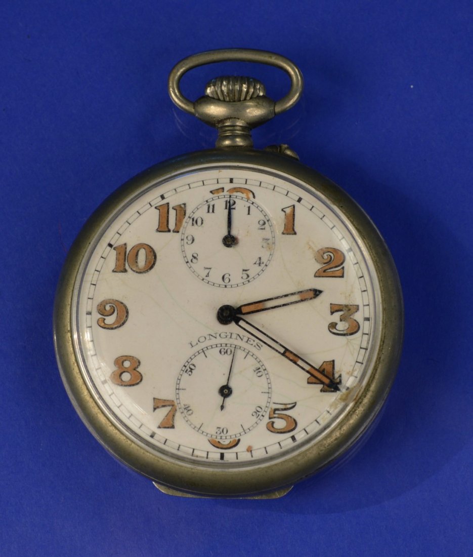 STAINLESS STEEL OPEN FACE POCKET WATCH, Longines: STAINLESS STEEL OPEN FACE POCKET WATCH, Longines case marked Longines W. Co. Swiss 792264, diameter 2 in.