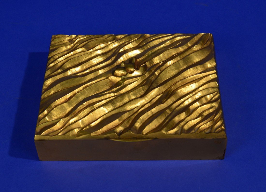 LINE VAUTRIN GILT BRONZE "LA MER" BOX, French, circa: LINE VAUTRIN GILT BRONZE "LA MER" BOX, French, circa 1946 stamped Line Vautrin; 7 1/4 x 6 inches