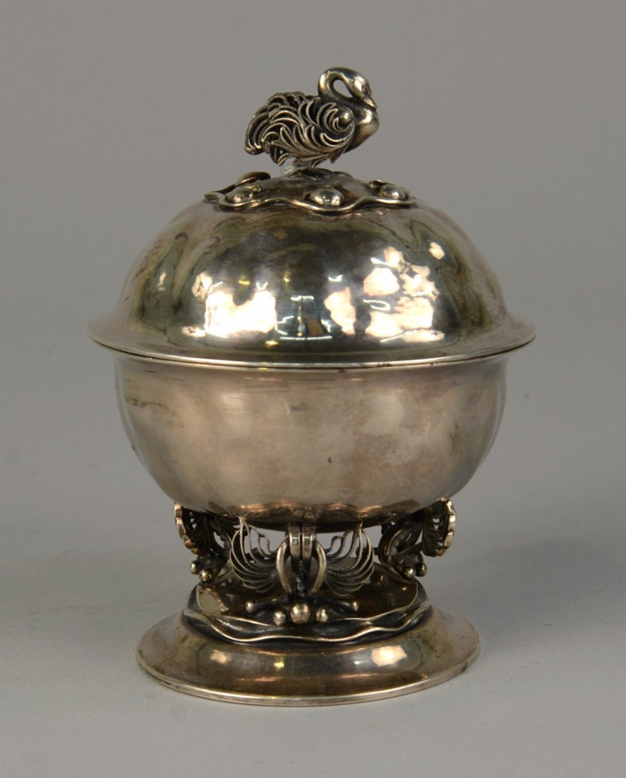RARE DANISH SILVER SWAN BONBONIERRE, Georg Jensen,: RARE DANISH SILVER SWAN BONBONIERRE, Georg Jensen, maker, Johan Rohde, designer; bearing marks on bottom, including Jensen mark circa 1915-1927, Johan Rohde designer's mark (1906-1935), Copenhagen thr