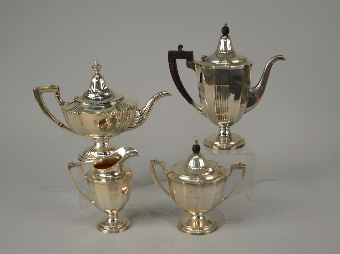 AMERICAN SILVER FOUR PIECE COFFEE AND TEA SERVICE,: AMERICAN SILVER FOUR PIECE COFFEE AND TEA SERVICE, Gorham, maker; including: coffee pot, height: 10 inches; tea pot, covered sugar and creamer; total weight: 68 ozs.