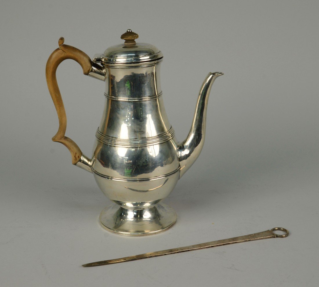 GEORGIAN SILVER COFFEE POT and a GEORGIAN MEAT SKEWER,: GEORGIAN SILVER COFFEE POT and a GEORGIAN MEAT SKEWER, London, 1787, H.B. maker; height of coffee pot: 11 inches; weight of coffee pot: 25 ozs.; length of skewer: 11 inches; weight of skewer: 2.5 ozs.