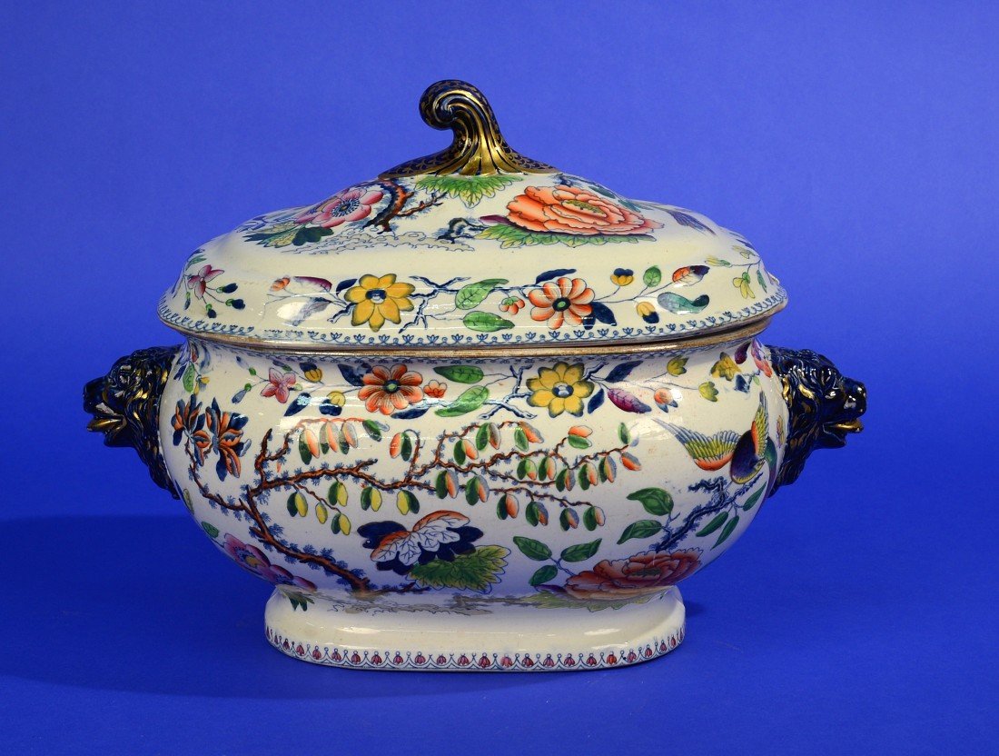 MASON'S IRONSTONE COVERED TUREEN;: MASON'S IRONSTONE COVERED TUREEN; with lions head handle mounts; length: 14 inches Provenance: Property of a Lady.