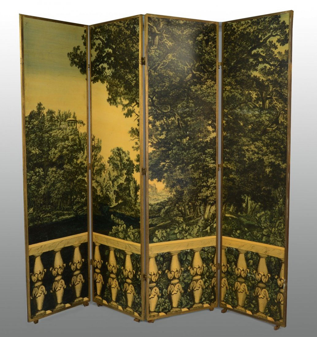 PIERO FORNASETTI FOUR PANEL BOSCO CON BALUSTRA SCREEN;: PIERO FORNASETTI FOUR PANEL BOSCO CON BALUSTRA SCREEN; with brass hardware; each panel: 69 x 19 1/2 inches