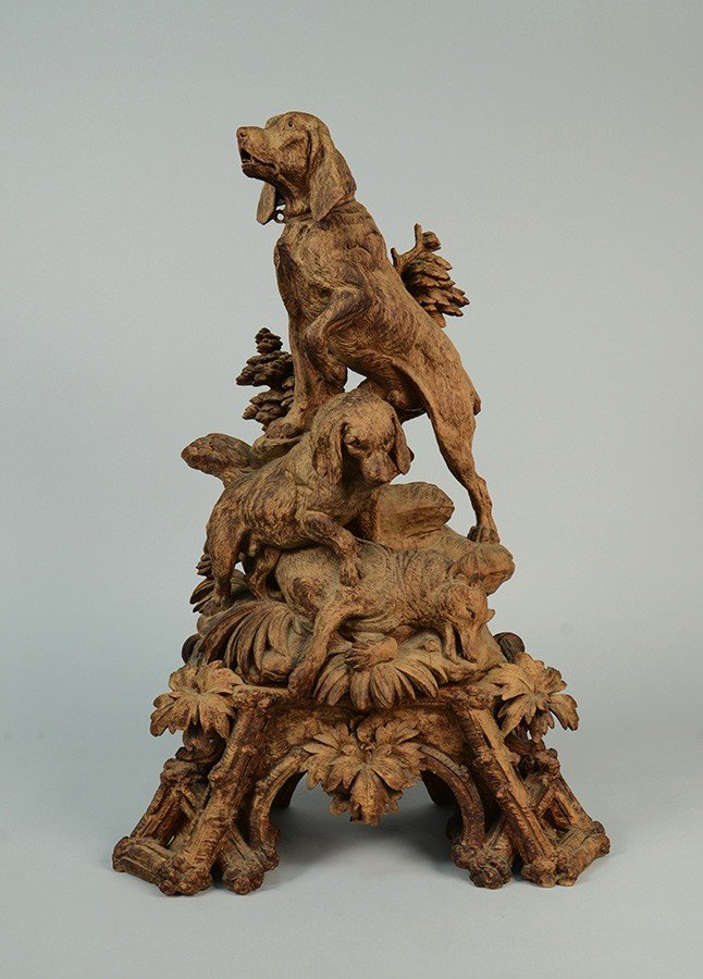 BLACK FOREST CARVED FRUITWOOD HUNTING DOG GROUPING,: BLACK FOREST CARVED FRUITWOOD HUNTING DOG GROUPING, late 19th century; height: 25 inches